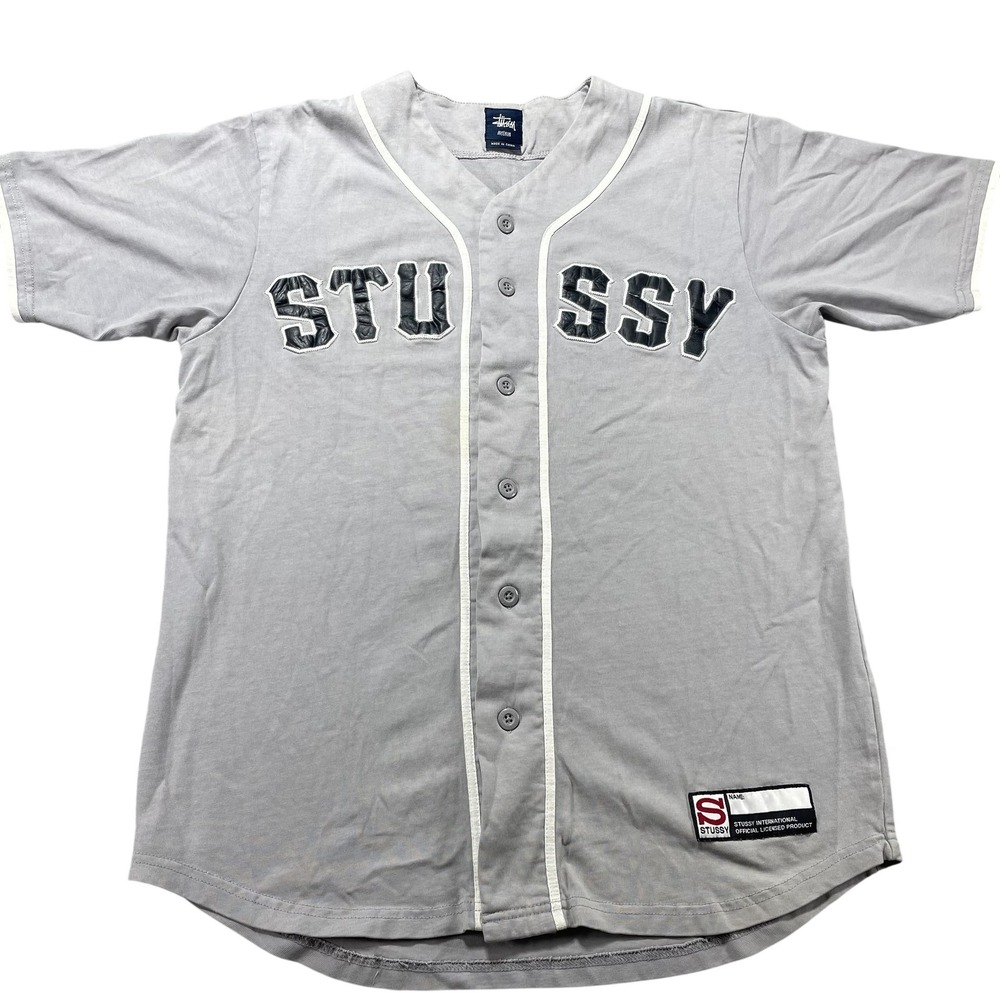 Stussy Shirt Mens Medium Gray Baseball Button Front Jersey Short Sleeve Casual